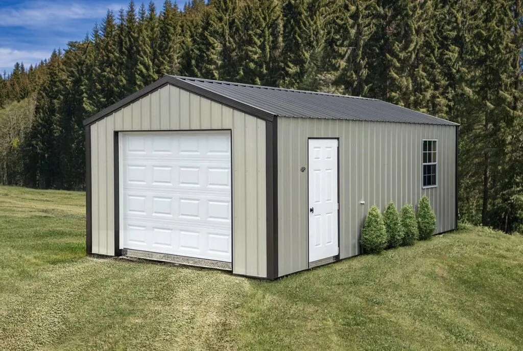 Beige Classic Garage with brown trim, overhead garage door, side entry door, and side window on a hillside