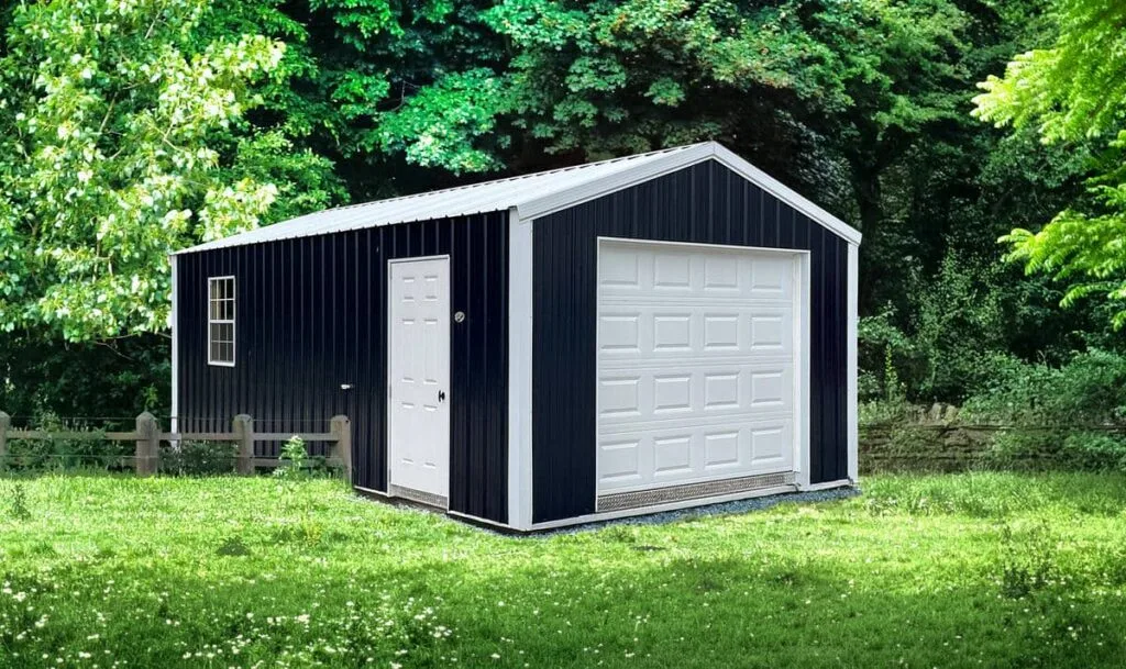 Black Classic Garage with white trim, overhead garage door, side entry door, and side window in a wooded setting