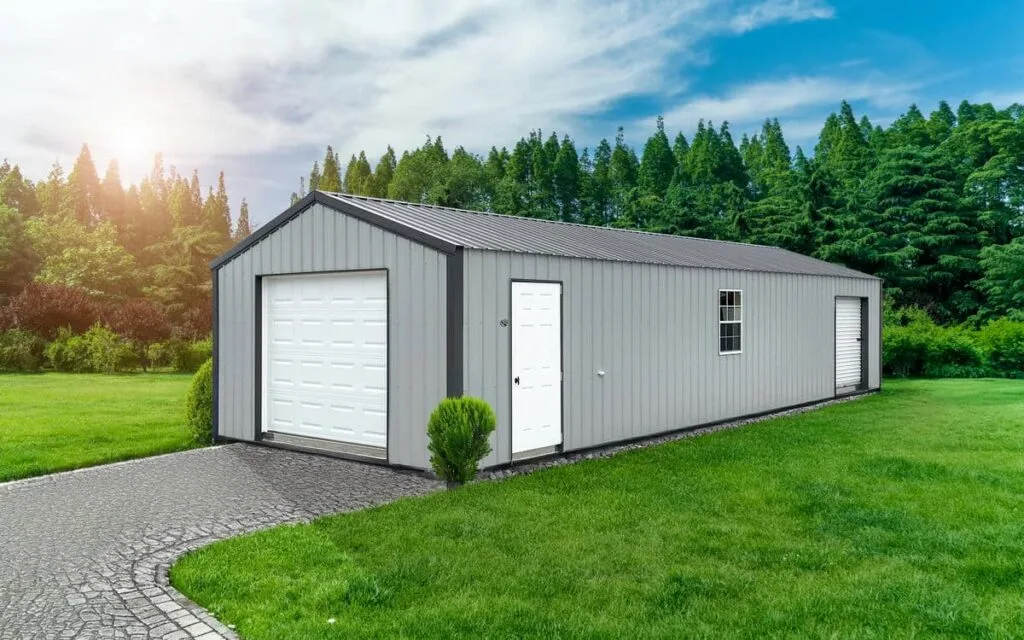 Light gray Classic Garage with charcoal trim, overhead garage door, side entry door, and side window on a grassy lot
