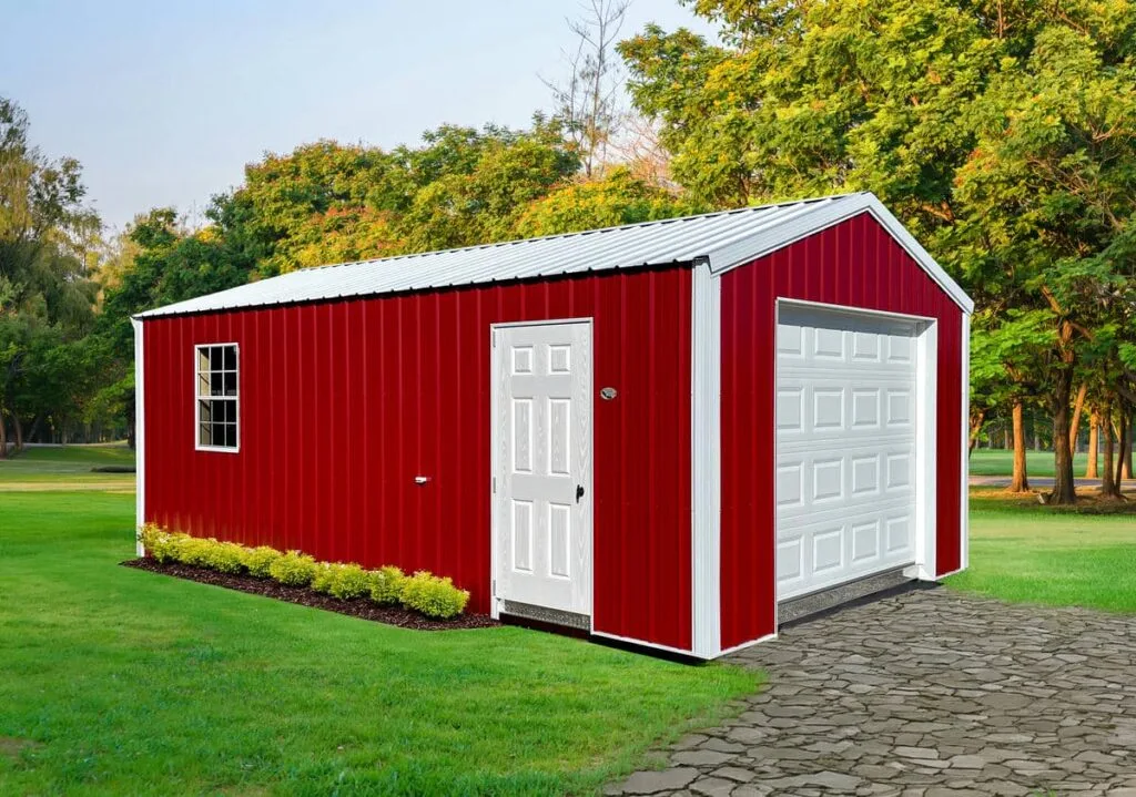 Red Classic Garage with white trim, overhead garage door, side entry door, and side window on a grassy lot