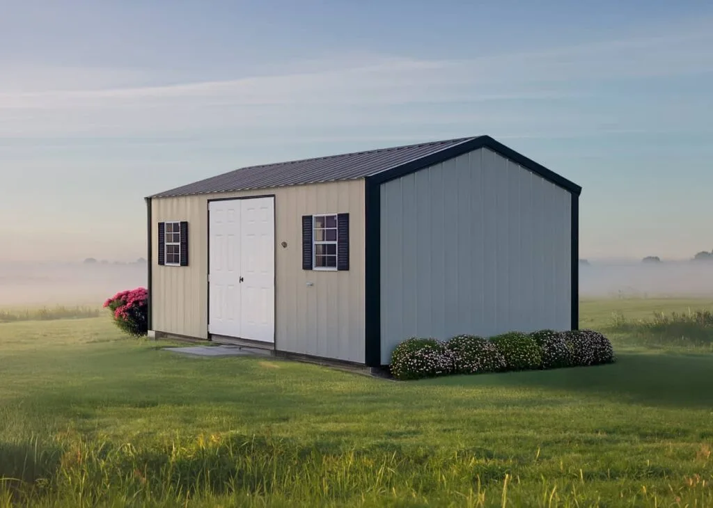 Cream Classic Garden Shed with black trim, double white doors, and two front windows on a grassy lot