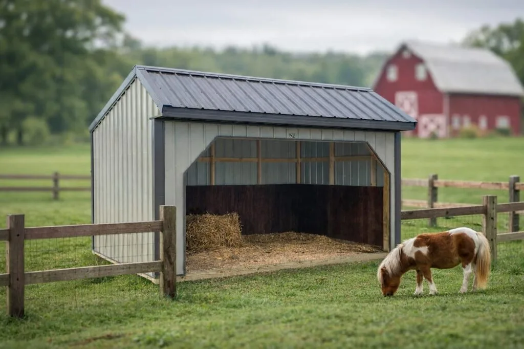 Deluxe Classic Horse Barn open-front run-in shed with metal roof, fenced pasture, and grazing pony