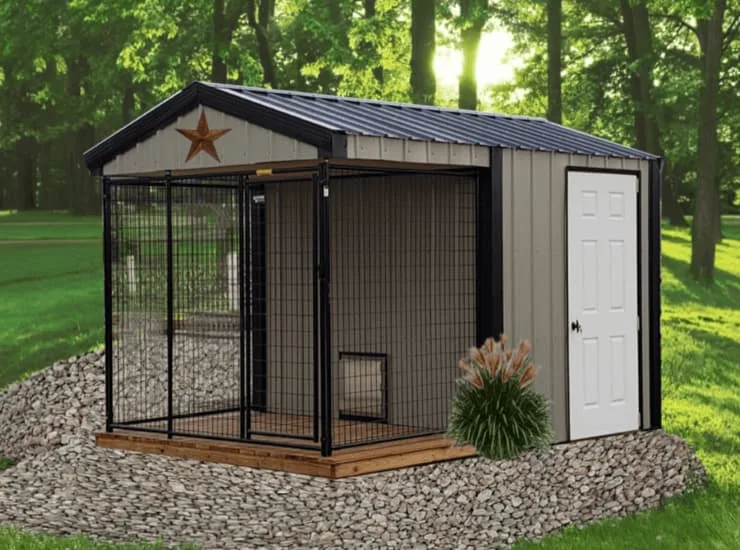 Beige dog kennel with black trim, single outdoor run, and side entry door on a stone base