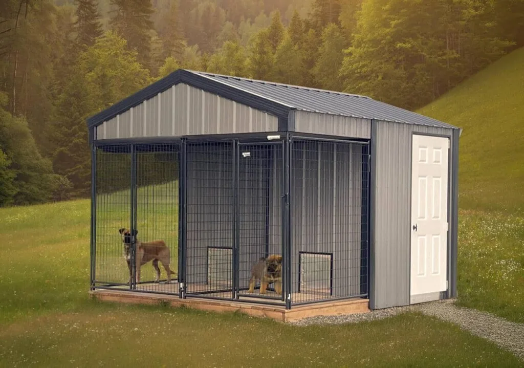 Gray dog kennel with black trim, two outdoor runs, and side entry door in a grassy rural setting