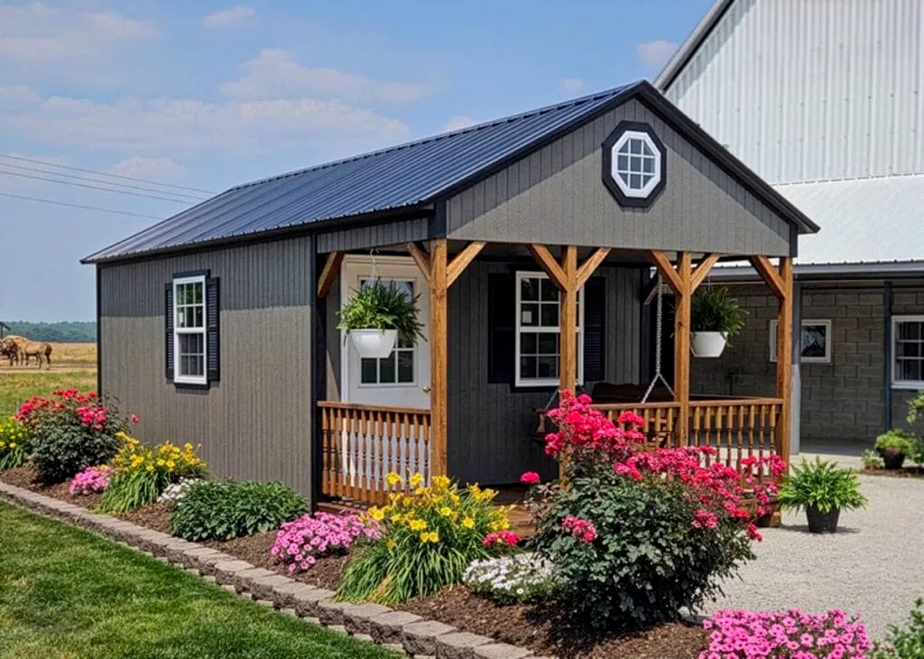 Gray Elite A-Frame Cabin with black trim, covered front porch, and octagon gable window in a landscaped setting