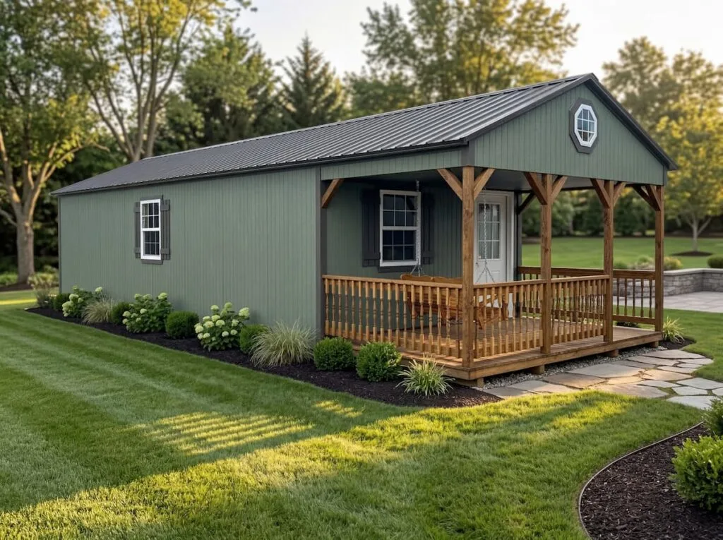 Elite A-Frame Cabin with green siding, black metal roof, front porch, wood railing, windows, shutters, and landscaped yard.