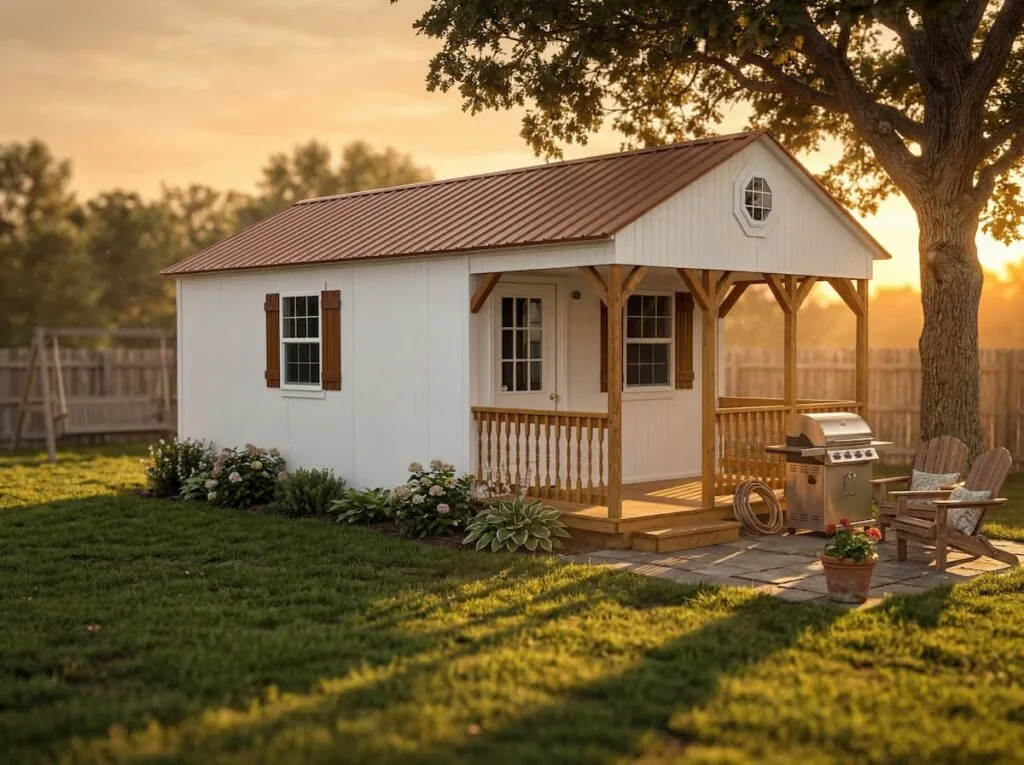 Elite A-Frame Cabin with white siding, brown metal roof, covered front porch, wood railing, shutters, and backyard patio.