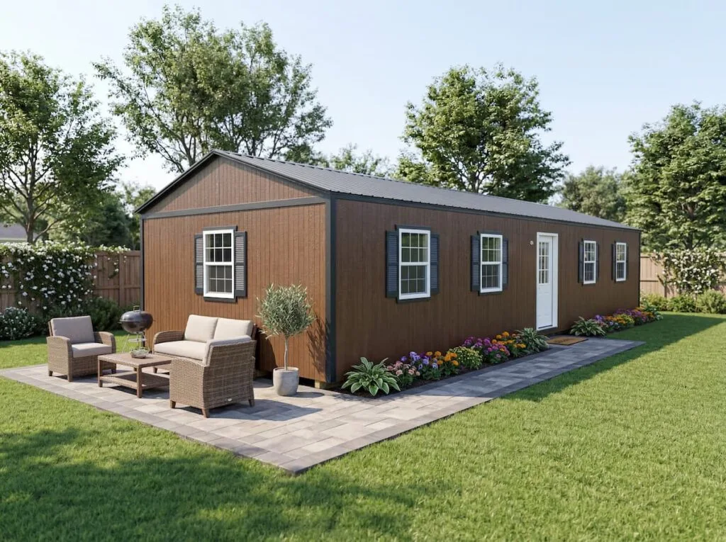 Elite Cabin with brown siding, black metal roof, white door, multiple windows, and shutters beside a backyard patio.