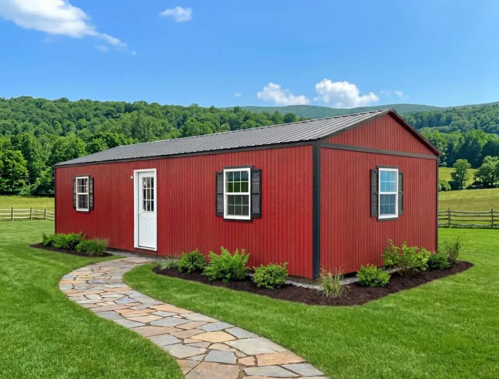Elite Cabin with red siding, black metal roof, white door, windows, shutters, and stone walkway in a country yard.