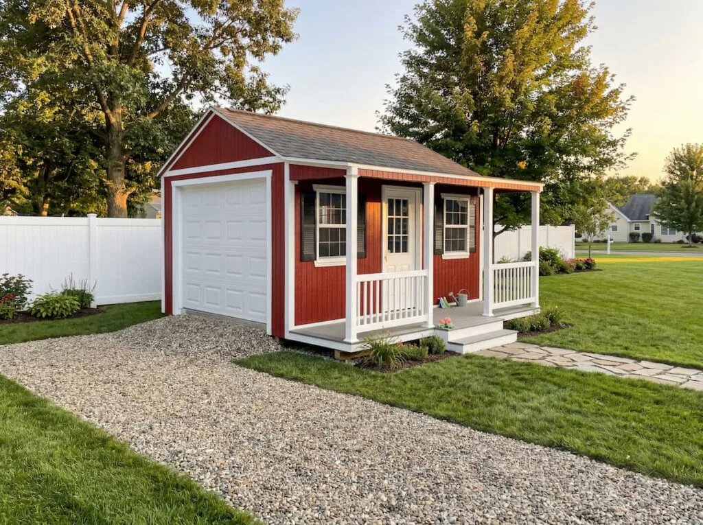 Elite Lake Front Cabin with red siding, white trim, garage door, covered front porch, windows, shutters, and gravel driveway.