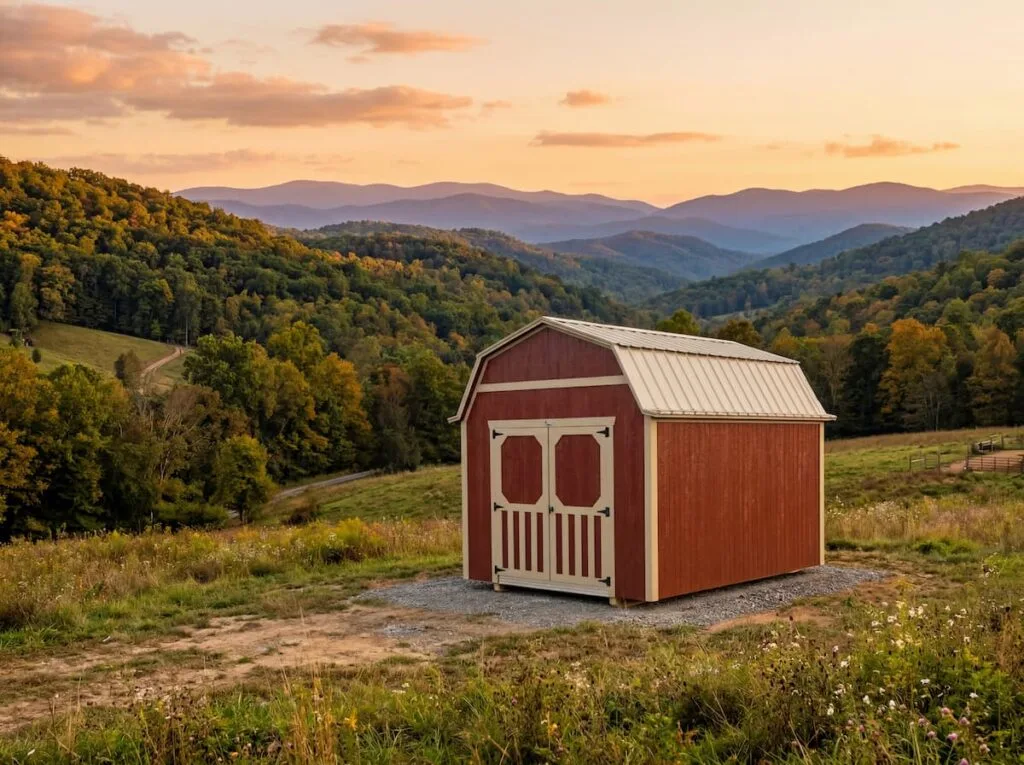 Elite Lofted Barn with red siding, white trim, cream metal roof, double doors, and mountain view at sunset.