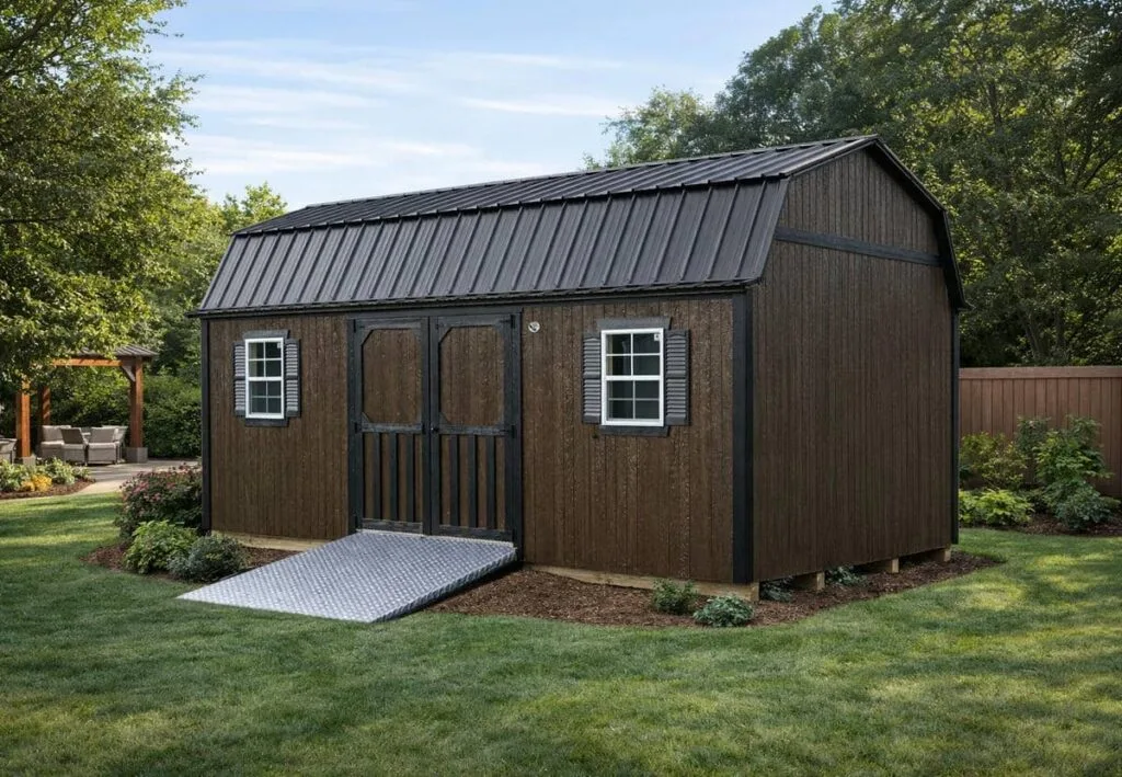 Brown Elite Lofted Garden Barn with black trim, double doors, and metal ramp in a landscaped backyard