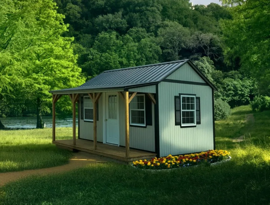 Light gray Elite Pool House with black trim, covered front porch, and three windows near a wooded river setting