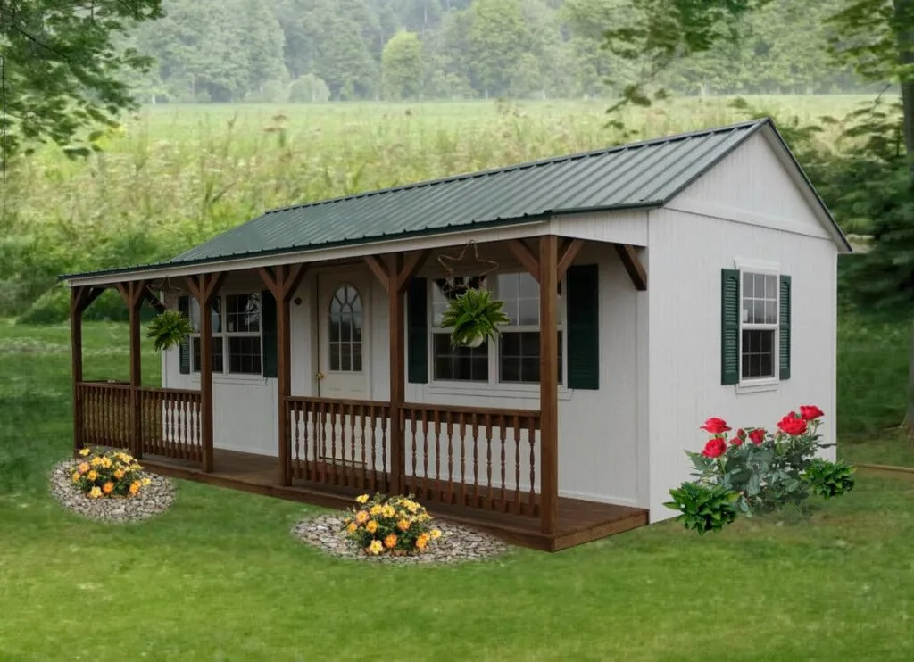 White Elite Pool House with green shutters and a long covered front porch in a landscaped lawn setting