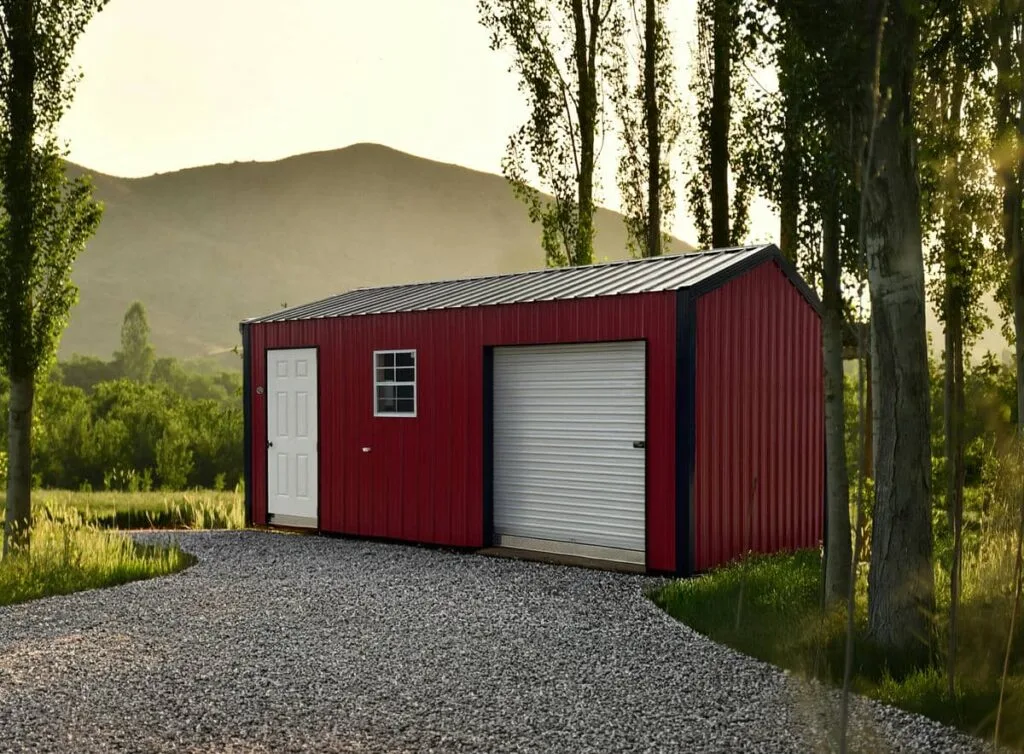 Red Hoosier Classic Shed with black trim, white roll-up garage door, side entry door, and window beside a gravel drive