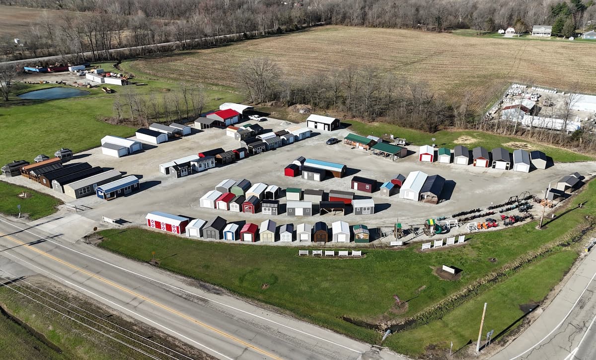 Portable building sales lot aerial view