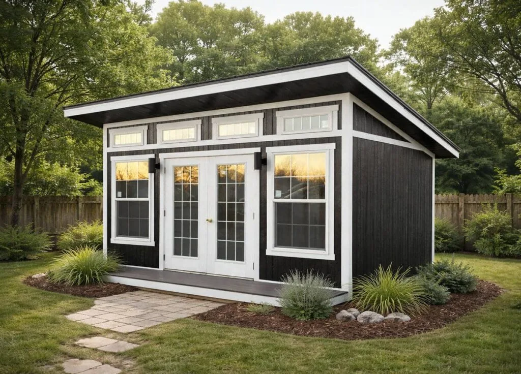 Black Elite She Shed Studio with white trim, French doors, and a row of transom windows in a landscaped backyard with stone path and ornamental grasses.