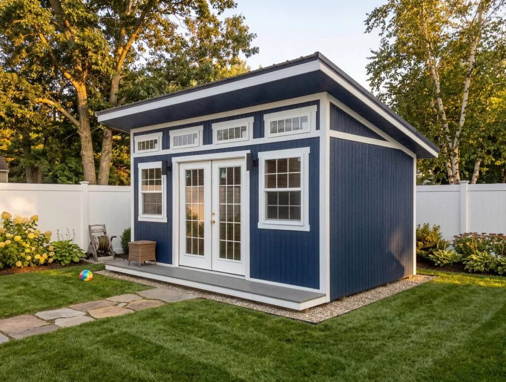 Navy blue Elite She Shed Studio with white trim, French doors, and clerestory transom windows on a gravel pad in a fenced backyard.